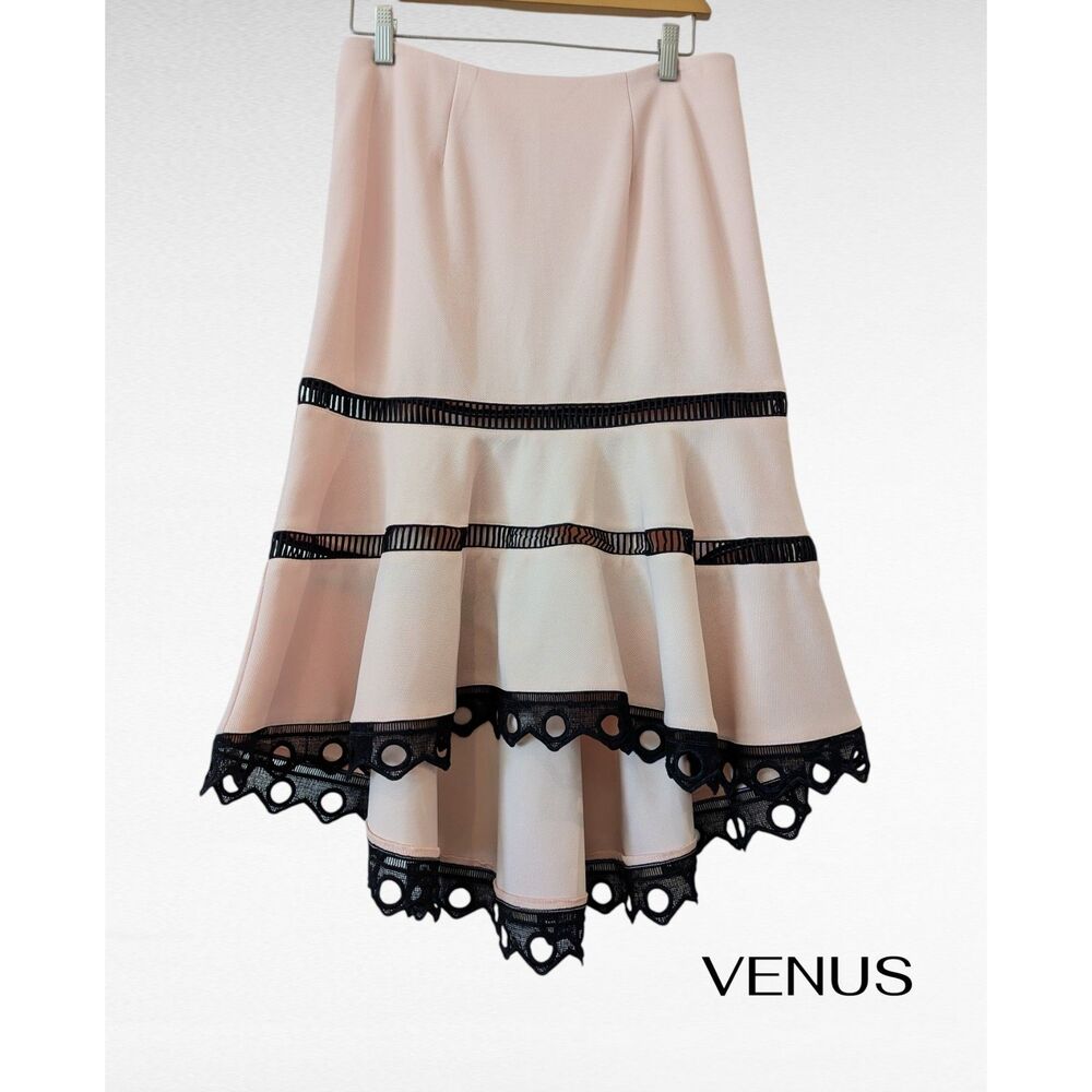VENUS Blush Pink High Low Fishtail Skirt Black Lace Trim Tiered Ruffle